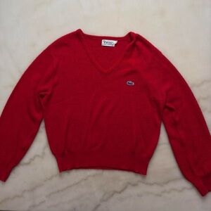 Vintage 80s Izod Lacoste Red Crepe Knit Preppy Tennis V-Neck Sweater